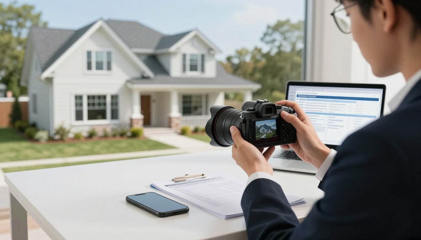 A professional setting showcasing a person documenting property for insurance claims. In the foreground, a meticulous individual, dressed in smart business attire, is using a digital camera to capture images of a well-kept home, focusing on the exterior details like the roof, windows, and landscaping. In the middle ground, there is an organized desk filled with papers, a smartphone, and a laptop open with a claims checklist on the screen. In the background, a sunny day illuminates the scene with soft lighting, creating a calm and productive atmosphere. Use a wide-angle lens to capture the entire scene while maintaining a clean and professional look. The overall mood should be one of preparedness and diligence, illustrating the importance of documenting property before any potential disasters.